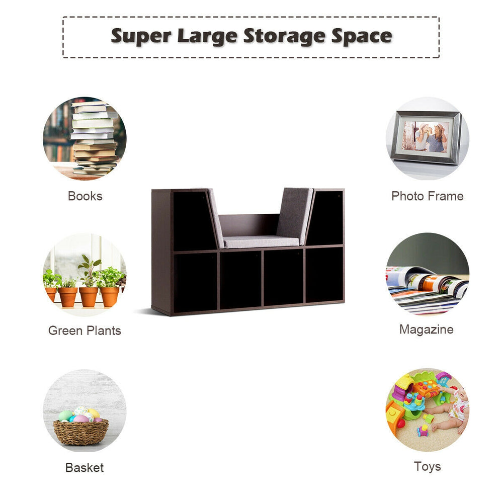 6-cubby kid storage bookcase in brown with cushioned reading nook, ideal for organizing books, toys, and magazines.