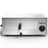 Stainless steel commercial pizza oven with a removable crumb tray and built-in temperature control for easy baking.