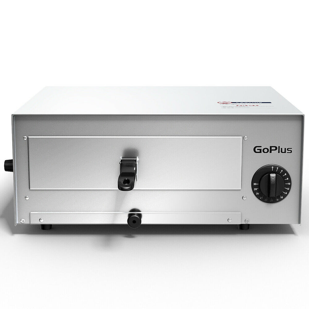 Stainless steel commercial pizza oven with a removable crumb tray and built-in temperature control for easy baking.