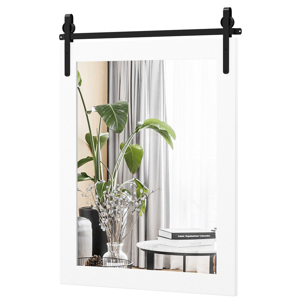 Wall-mounted 30 x 22 inch mirror with a white wood frame and black metal bracket, ideal for rustic home decor.