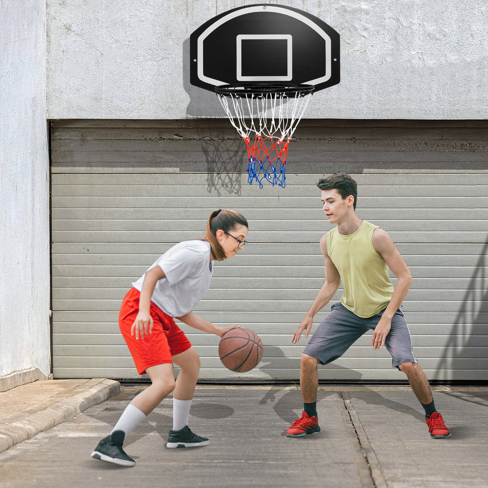 Wall-mounted basketball set with shatterproof backboard, ideal for indoor and outdoor play, perfect for family games.