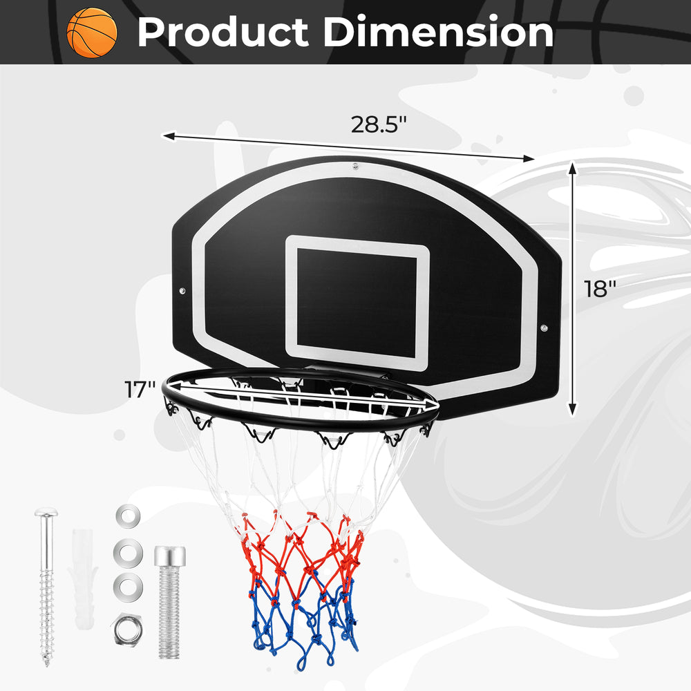 Wall-mounted basketball set dimensions with a shatterproof backboard, solid metal rim, and tear-proof net for.