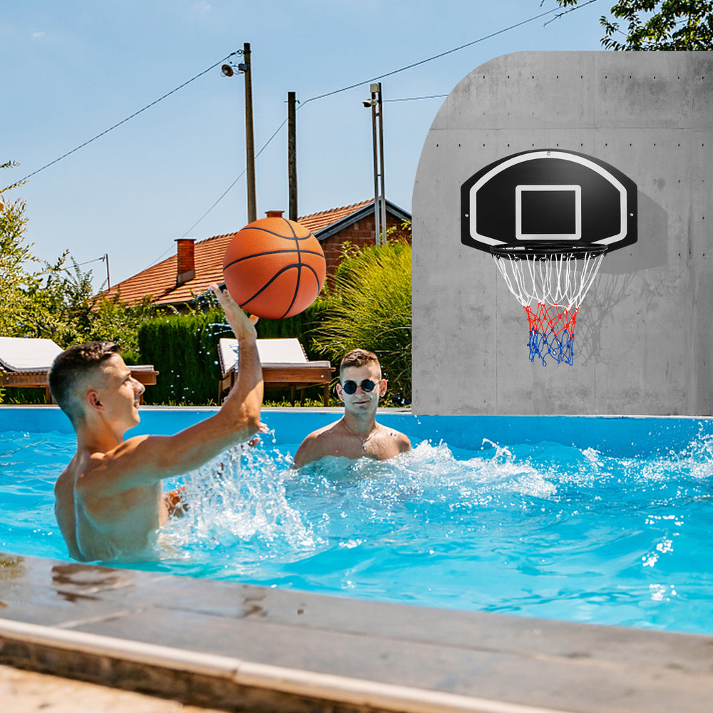 Wall-mounted basketball set with shatterproof backboard, ideal for family games in the pool or backyard.