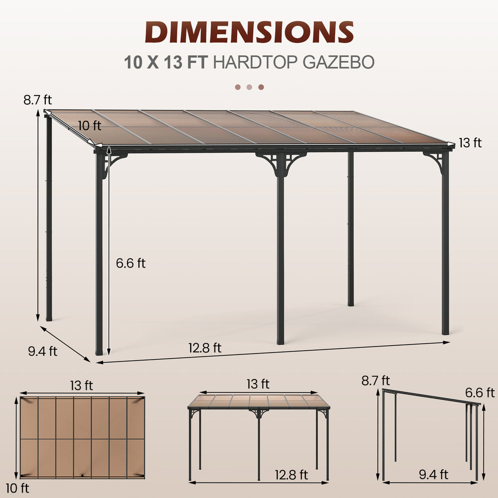 10x13 ft wall-mounted patio gazebo with sloped polycarbonate roof and heavy-duty metal frame for outdoor weather.