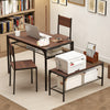 Industrial style rectangular kitchen table set in walnut with bench and chairs, featuring under-table storage shelves.
