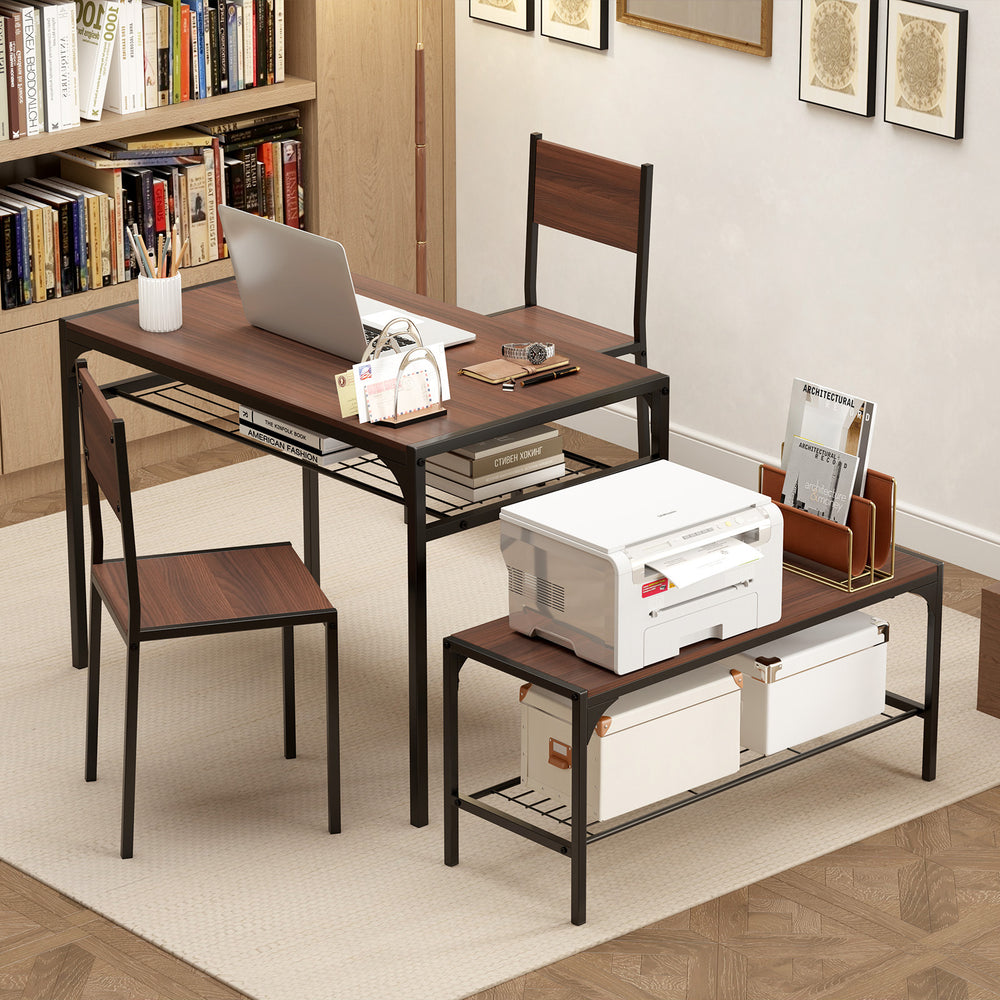 Industrial style rectangular kitchen table set in walnut with bench and chairs, featuring under-table storage shelves.