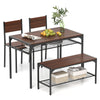Rectangular walnut dining table set with bench and chairs, featuring under-table storage and a durable metal frame.