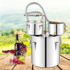 Stainless steel 5-gallon alcohol distiller with cooling pot, thermometer, and accessories for DIY whisky and wine.
