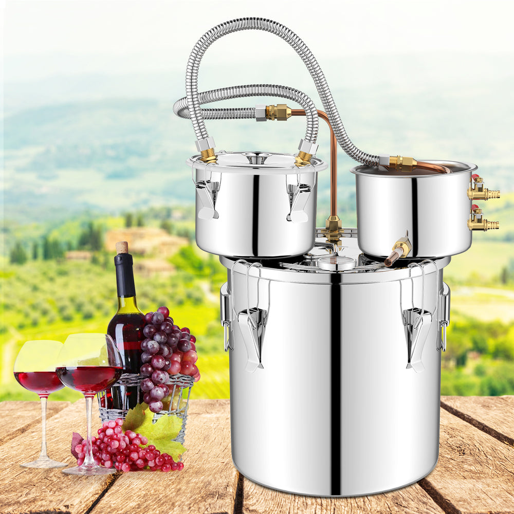 Stainless steel 5-gallon alcohol distiller with cooling pot, thermometer, and accessories for DIY whisky and wine.