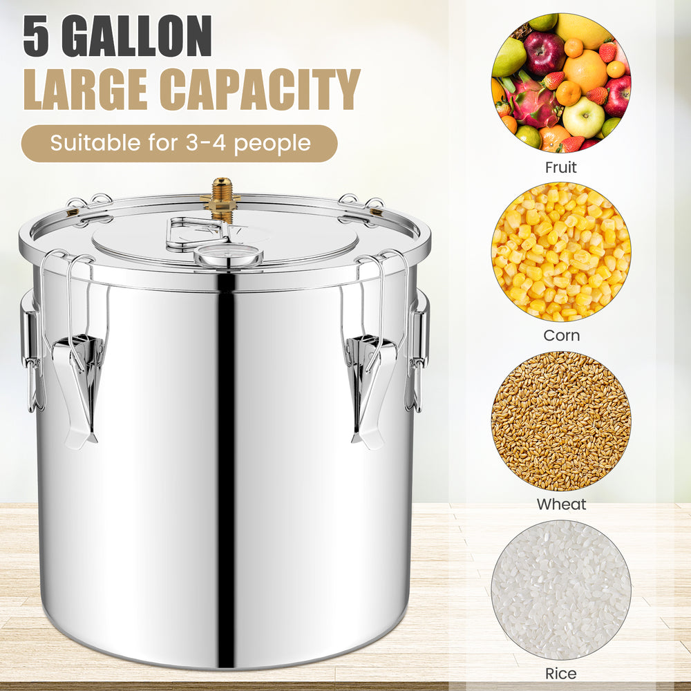 5-gallon stainless steel distiller with thermometer, suitable for brewing whisky, wine, and distilled water.