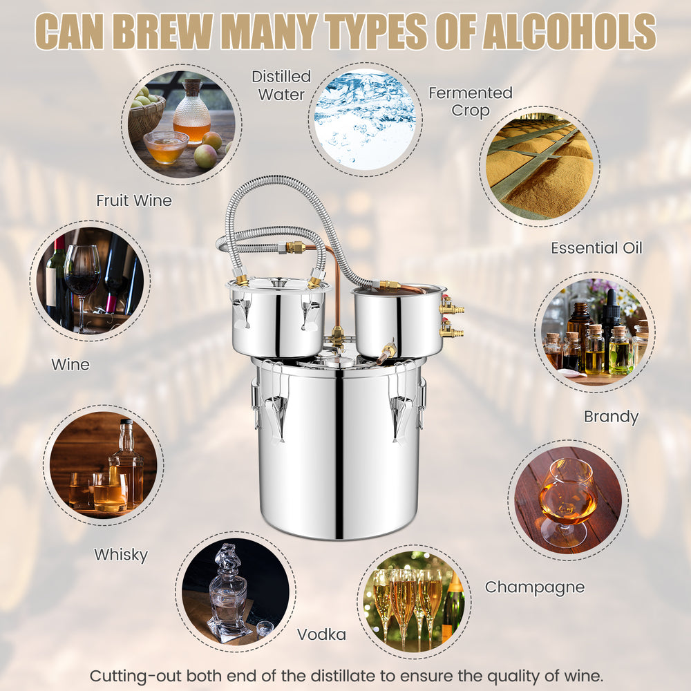 Stainless steel 5/10 Gal alcohol distiller with accessories for brewing whisky, wine, and other spirits at home.