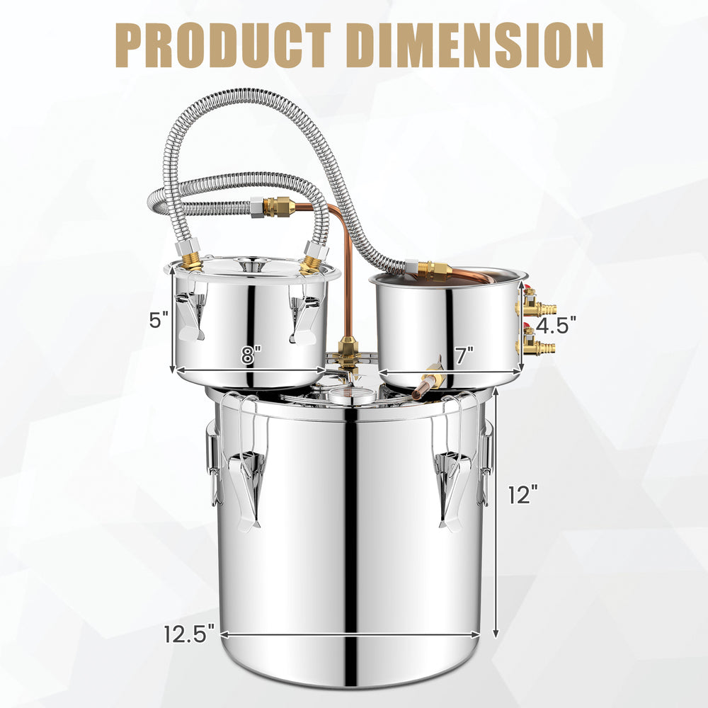 Product dimensions of a 5-gallon stainless steel water alcohol distiller with thermometer and cooling pot for DIY.