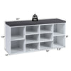 10-cube organizer shoe storage bench in white with removable cushion, featuring 6 slots and 2 adjustable side cabinets.