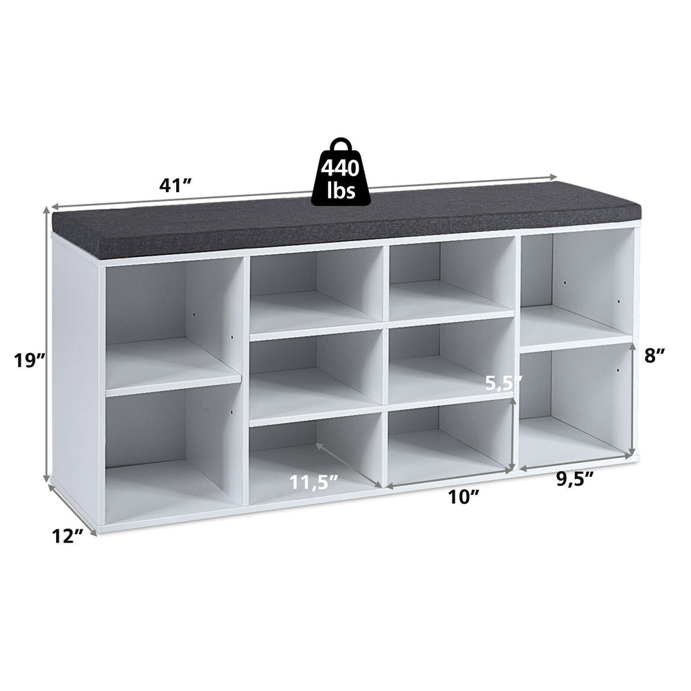 10-cube organizer shoe storage bench in white with removable cushion, featuring 6 slots and 2 adjustable side cabinets.