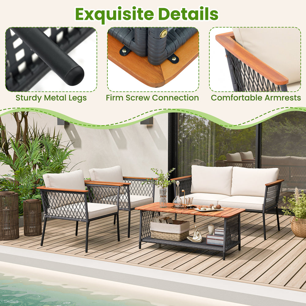 4-piece patio rattan furniture set with sturdy metal legs, comfortable armrests, and a 2-tier coffee table for outdoor.