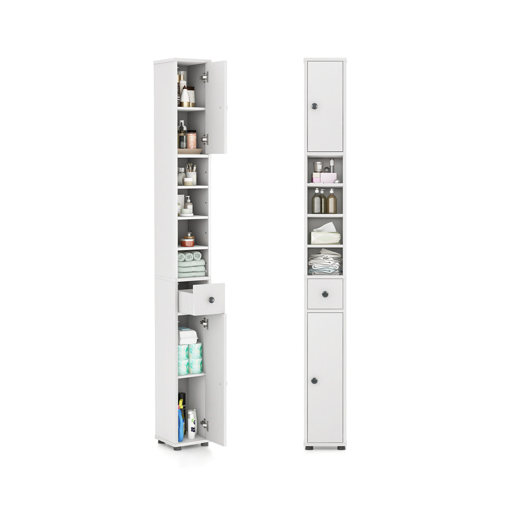 Freestanding slim bathroom cabinet in white featuring a top compartment and a drawer, perfect for maximizing small.