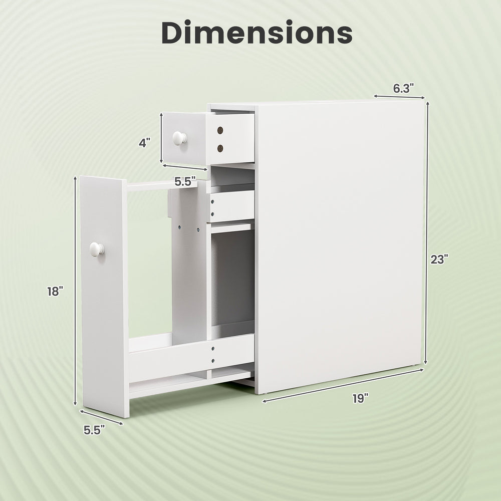 White bathroom cabinet with dimensions shown, featuring a top drawer and sliding drawer for efficient storage.