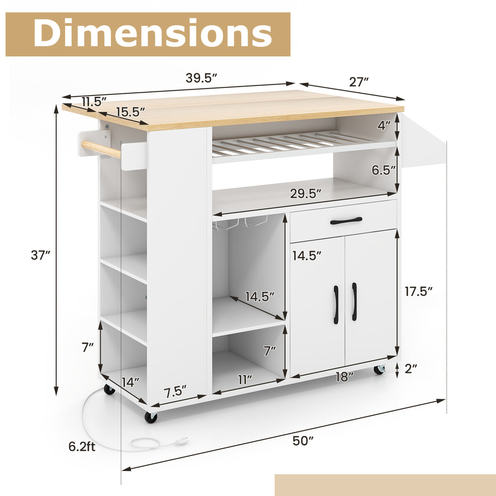 Rolling kitchen island cart dimensions with a white finish and natural wood top, featuring ample storage and a power.