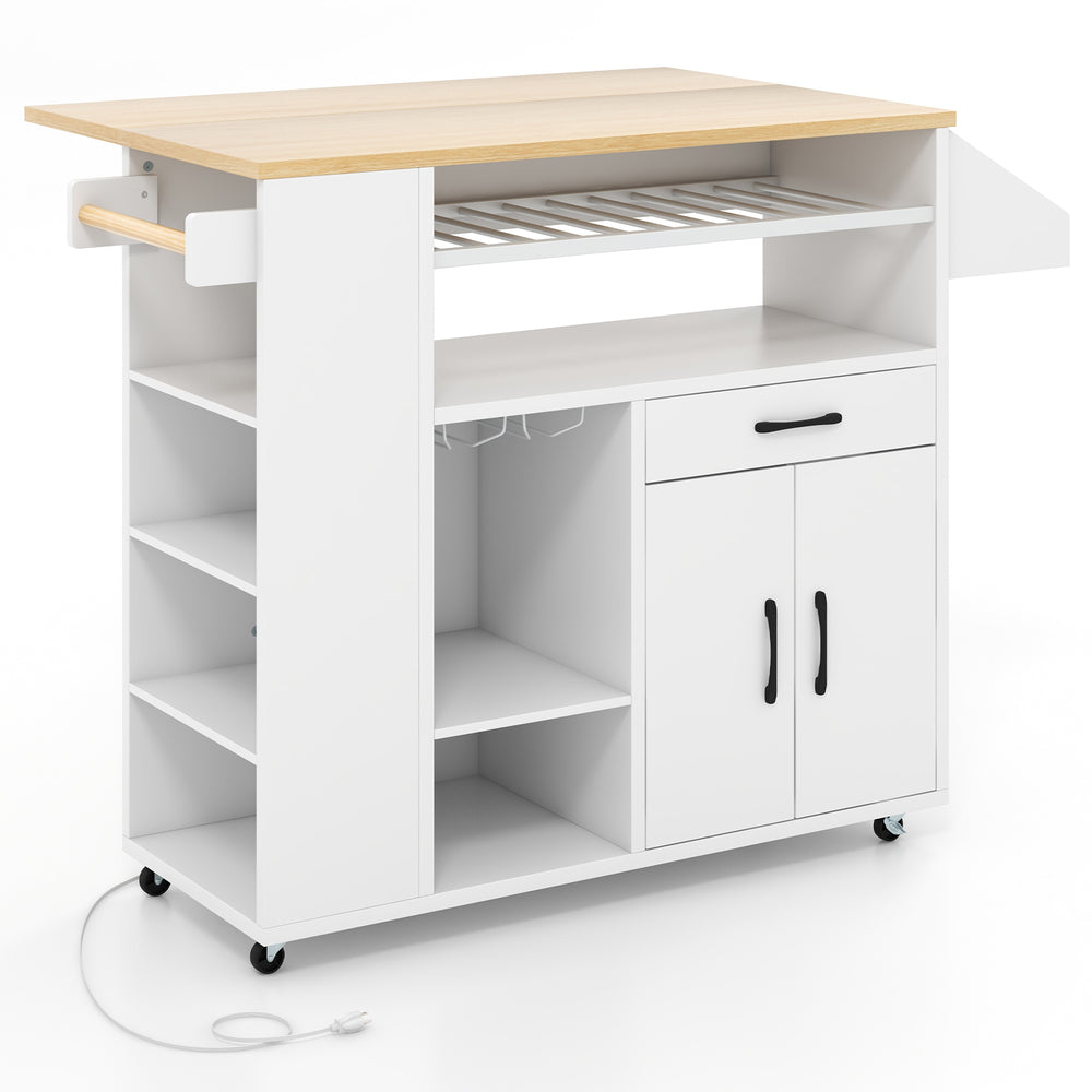 Rolling kitchen island cart in white and natural wood with power outlet, featuring ample storage and mobility on.