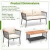 Dimensions chart for the 4-piece patio rattan furniture set, showcasing the loveseat, chairs, and coffee table sizes.