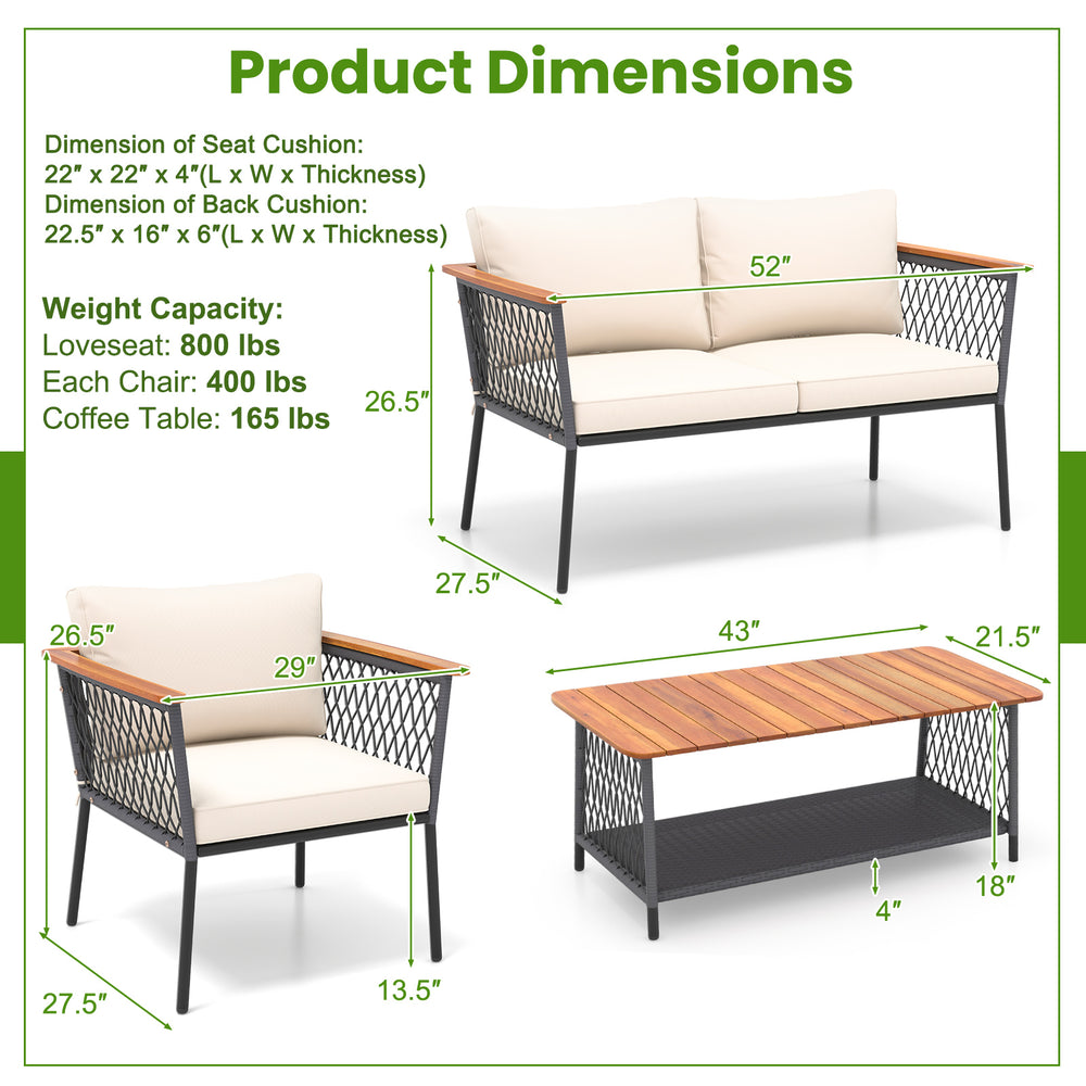 Dimensions chart for the 4-piece patio rattan furniture set, showcasing the loveseat, chairs, and coffee table sizes.