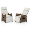 Patio wicker recliner chair with adjustable backrest and footrest, featuring PE rattan and a cozy white cushion for.