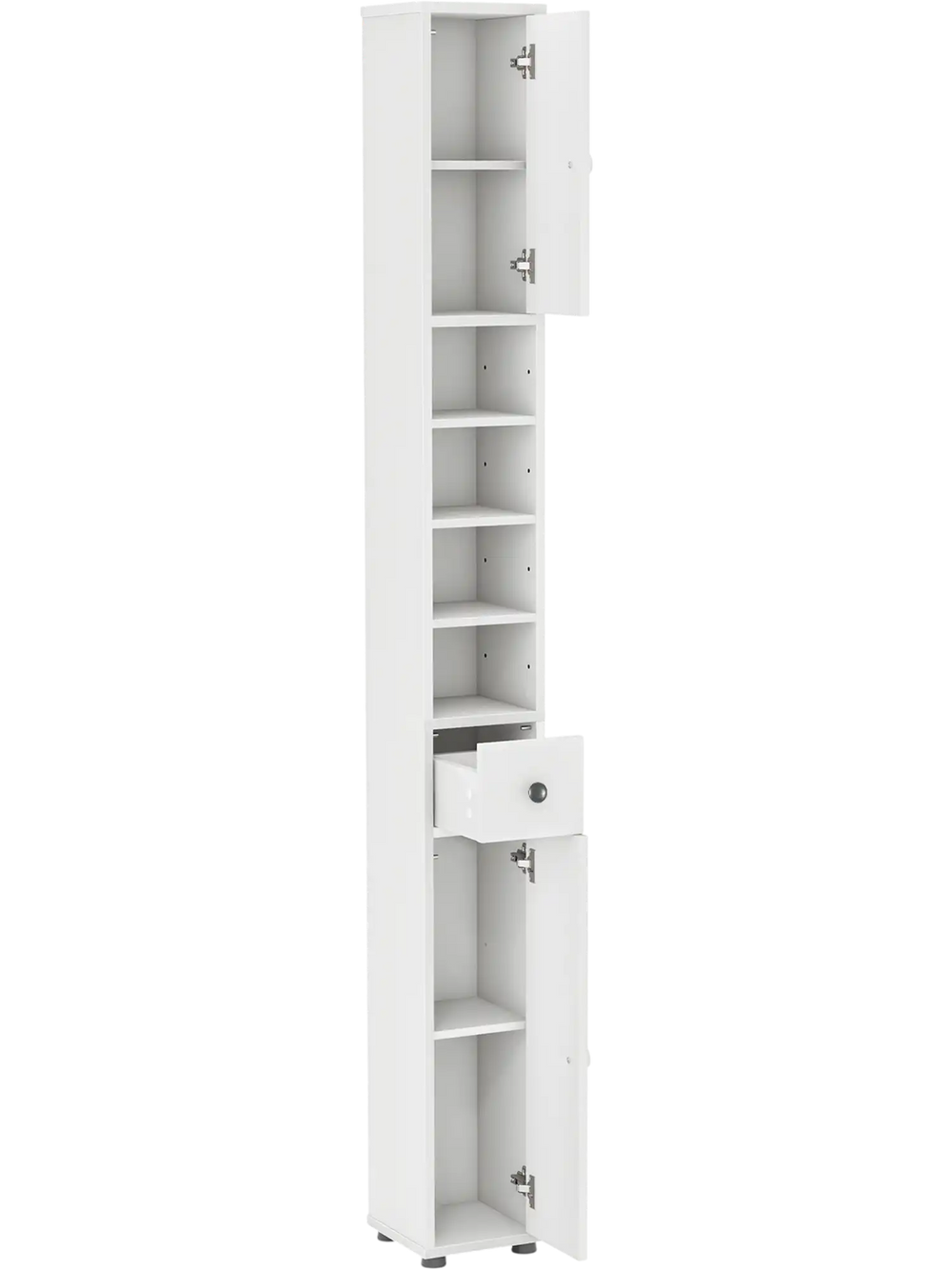 Freestanding slim bathroom cabinet in white with adjustable shelves, drawer, and anti-toppling device for small spaces.