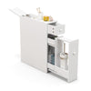 White bathroom cabinet space saver with top drawer and sliding shelves for organized storage in any decor.
