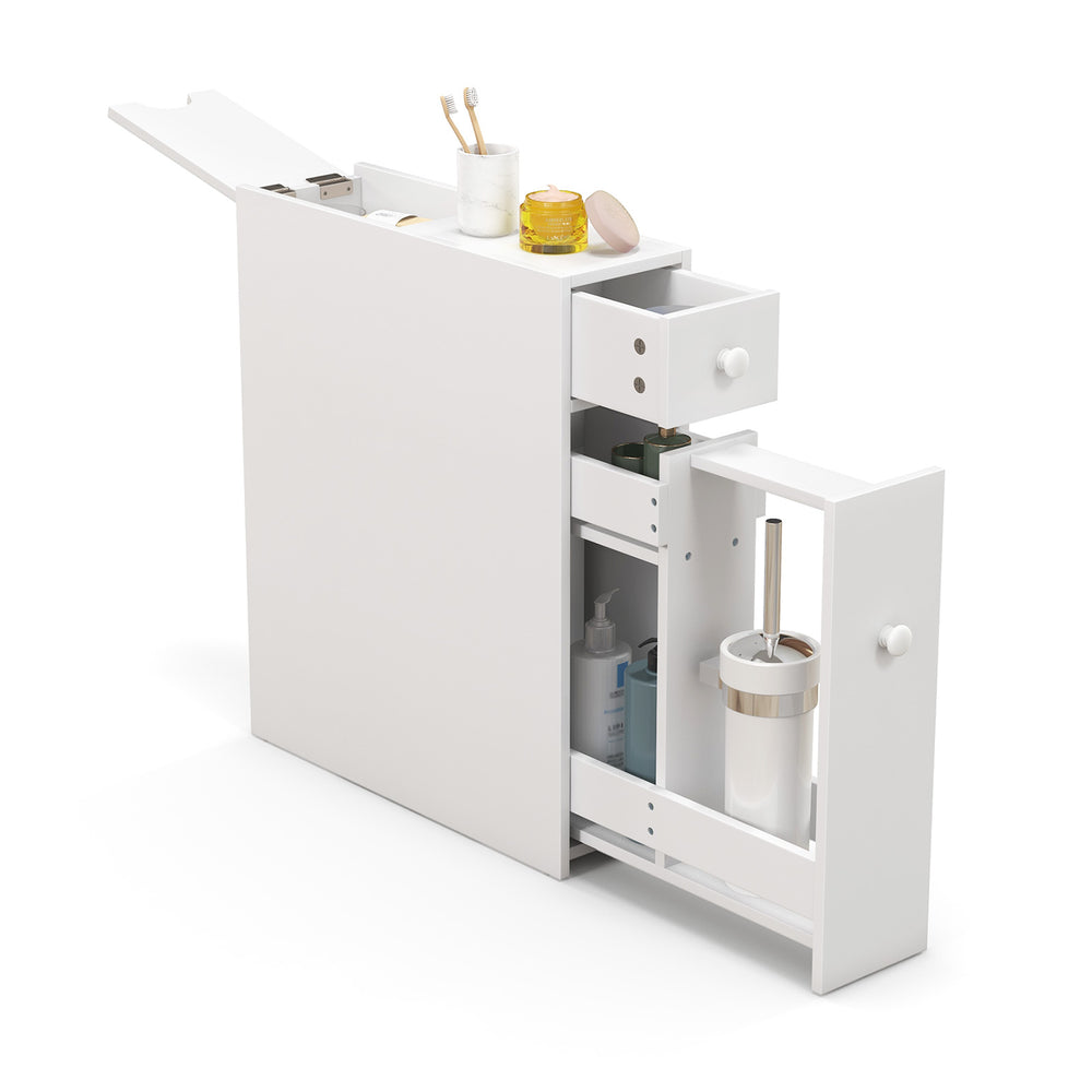 White bathroom cabinet space saver with top drawer and sliding shelves for organized storage in any decor.