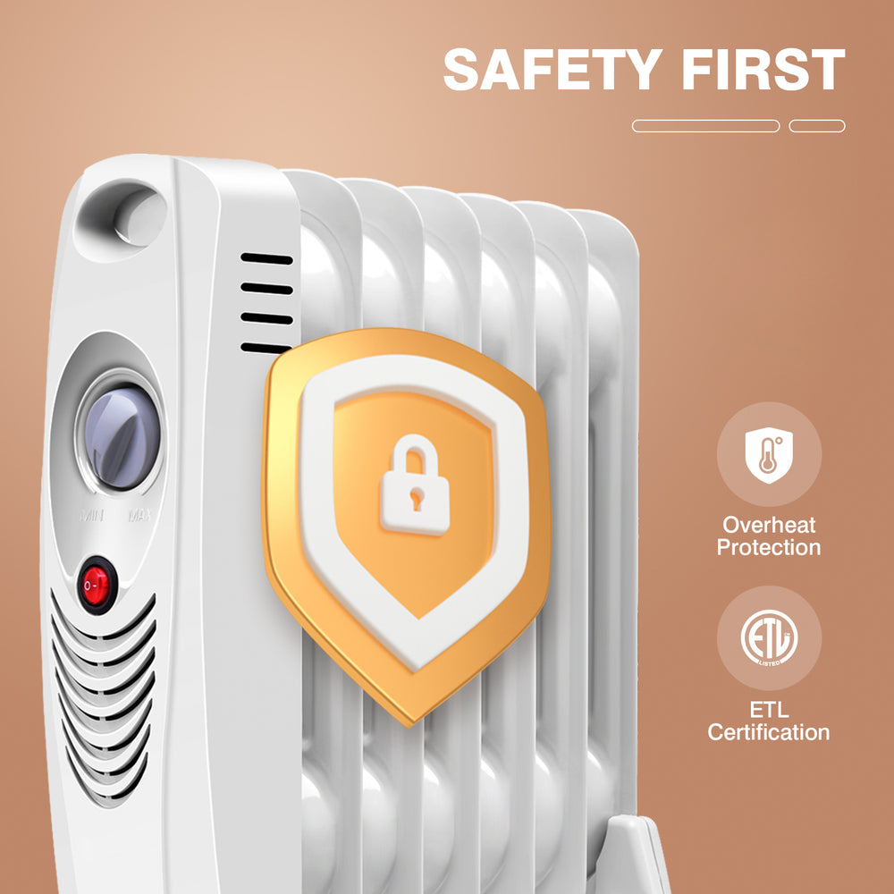 Portable mini electric oil-filled radiator heater with overheating protection and mechanical control for safe, silent.