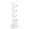 10-tier white bookshelf with tree-like design and removable drawer, ideal for stylish organization in narrow spaces.