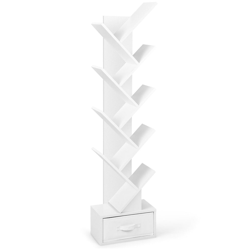 10-tier white bookshelf with tree-like design and removable drawer, ideal for stylish organization in narrow spaces.