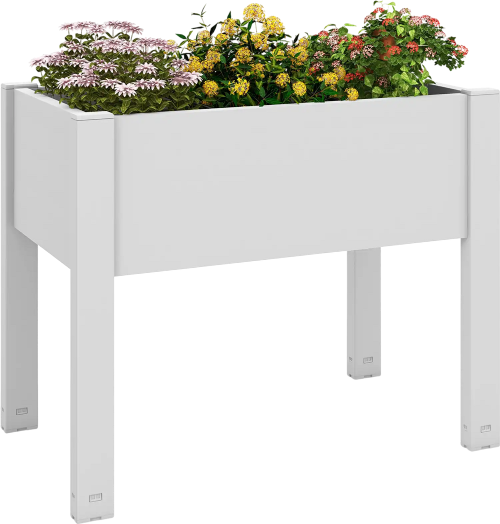 Self-watering 53L raised bed planter box in white with flowers, ideal for garden or patio use.
