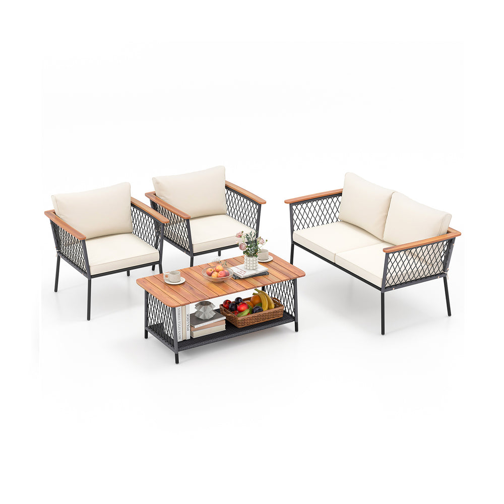 4-piece patio rattan furniture set in elegant gray with solid acacia wood, featuring a 2-tier coffee table for outdoor.