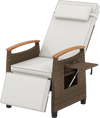 Patio wicker recliner chair with adjustable backrest and footrest, featuring PE rattan and a flip side table for.