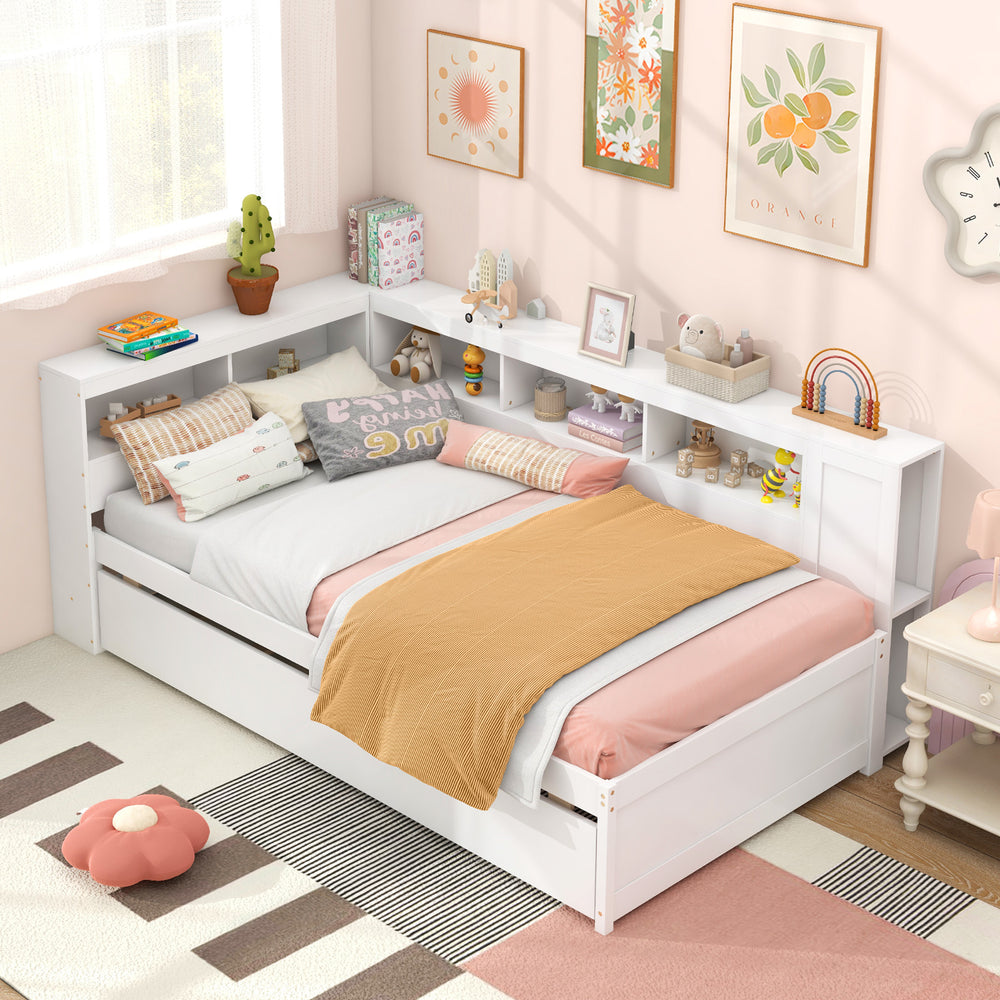 Twin size daybed with trundle and white bookshelf headboard, featuring ample storage for kids' rooms.
