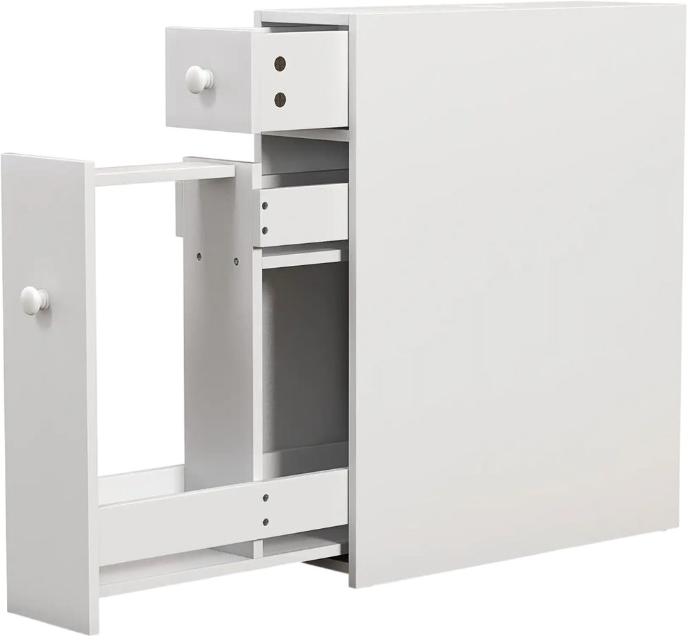 White bathroom cabinet with one top drawer and sliding drawer, featuring two shelves for efficient storage organization.