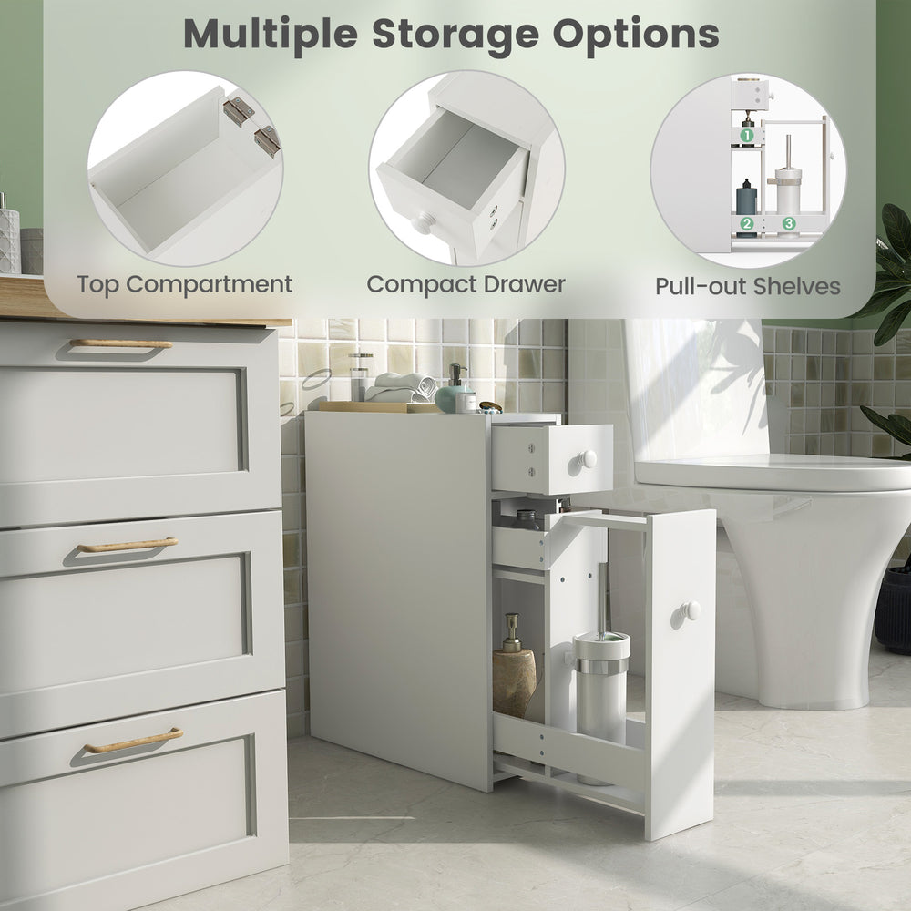White bathroom cabinet with top drawer, compact sliding drawer, and pull-out shelves for efficient storage solutions.