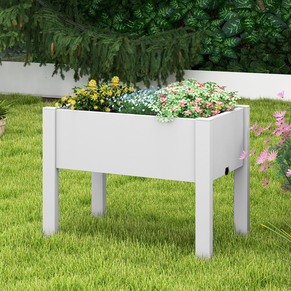 Self-watering 53L raised bed planter box in white, designed for outdoor use, ideal for various plants and easy assembly.