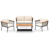 4-piece patio rattan furniture set with white cushions, featuring a 2-tier coffee table and sturdy acacia wood accents.