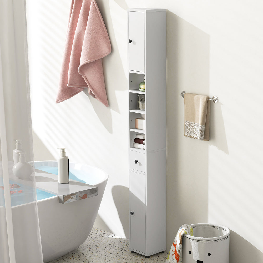 Freestanding slim bathroom cabinet in white with adjustable shelves, drawer, and compact design for small spaces.