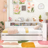 Twin size daybed platform bed frame in white with trundle and bedside shelves, perfect for kids' rooms and storage.
