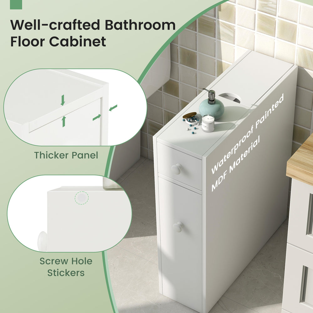 White bathroom floor cabinet with one top drawer and sliding drawer, made of durable MDF, ideal for space-saving.