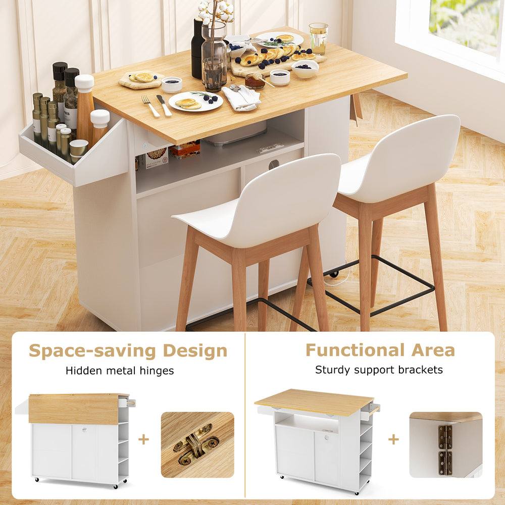 Rolling kitchen island cart in white and natural wood, featuring a drop leaf design and power outlet for versatile use.