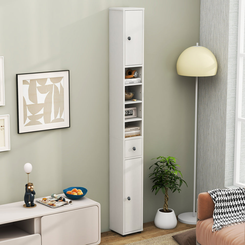 Freestanding slim bathroom cabinet in white with 2 cabinets, 5 adjustable shelves, and 1 drawer for compact storage.
