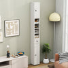 Freestanding slim bathroom cabinet in white with 2 cabinets, 5 adjustable shelves, and 1 drawer for compact storage.