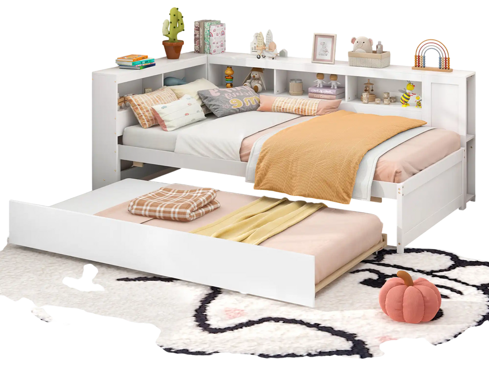 Twin size daybed with trundle in white, featuring bedside shelves and ample storage for kids' rooms.