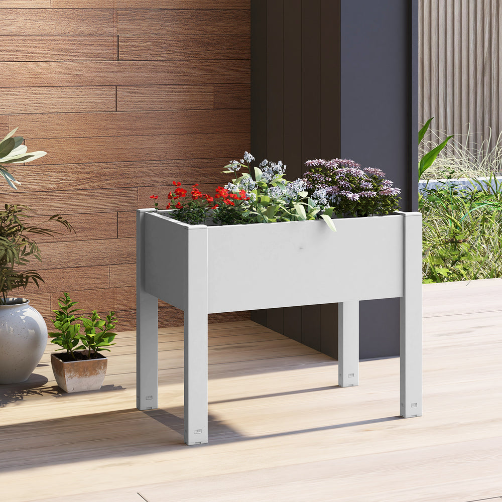 Raised bed grow box planter in white with self-watering design, ideal for outdoor gardening and plant organization.