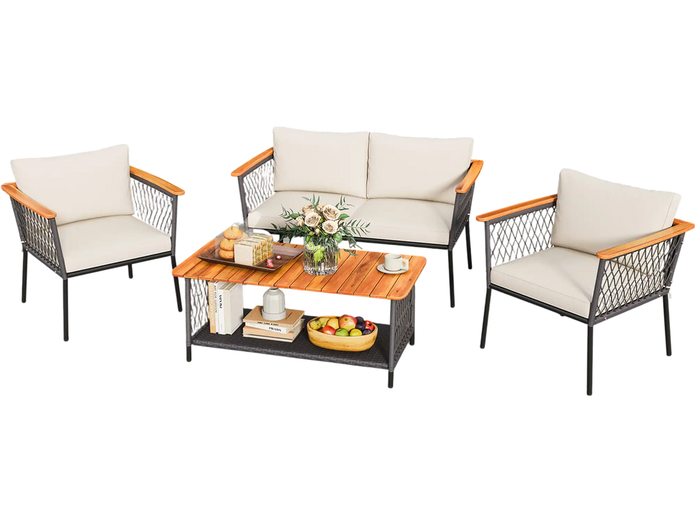 4-piece patio rattan furniture set featuring a 2-tier coffee table and comfortable cushions in elegant gray for outdoor.