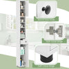 Freestanding slim bathroom cabinet in white with adjustable shelves, drawer, and round door knob for efficient storage.